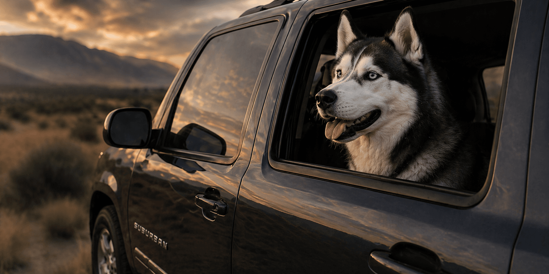 Husky riding comfortably in the window of a black SUV