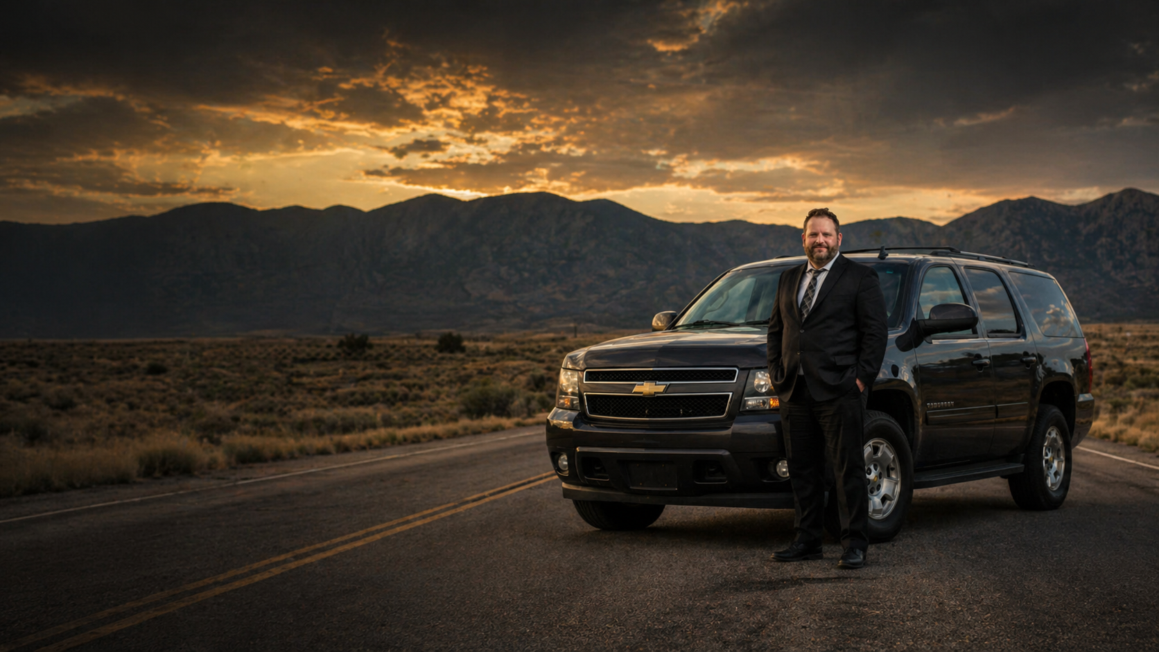 Adam Peeples standing beside a black SUV on a western highway
